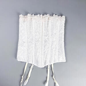 Vintage White Corset, Floral Jacquard Satin Corset with Garter Straps
